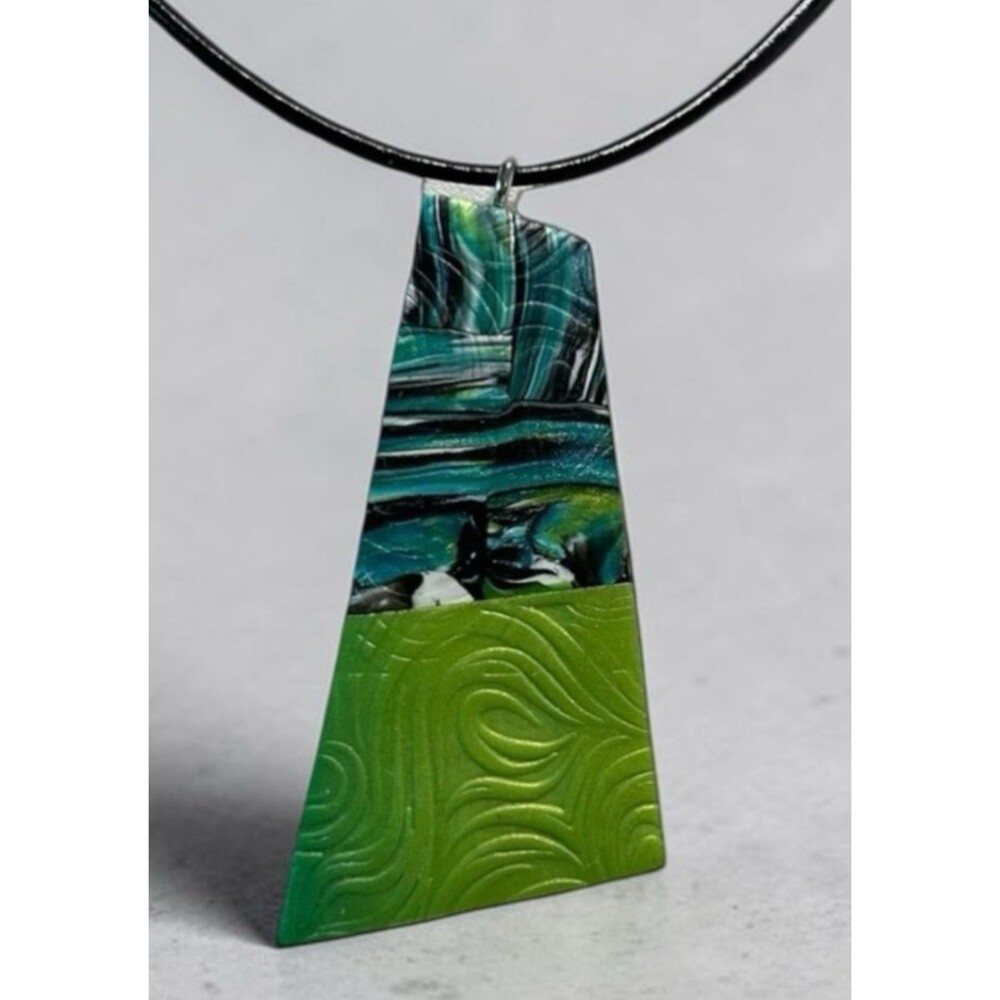 Handmade Blue & Green Abstract Print Polymer Clay Large Pendant Necklace Cord